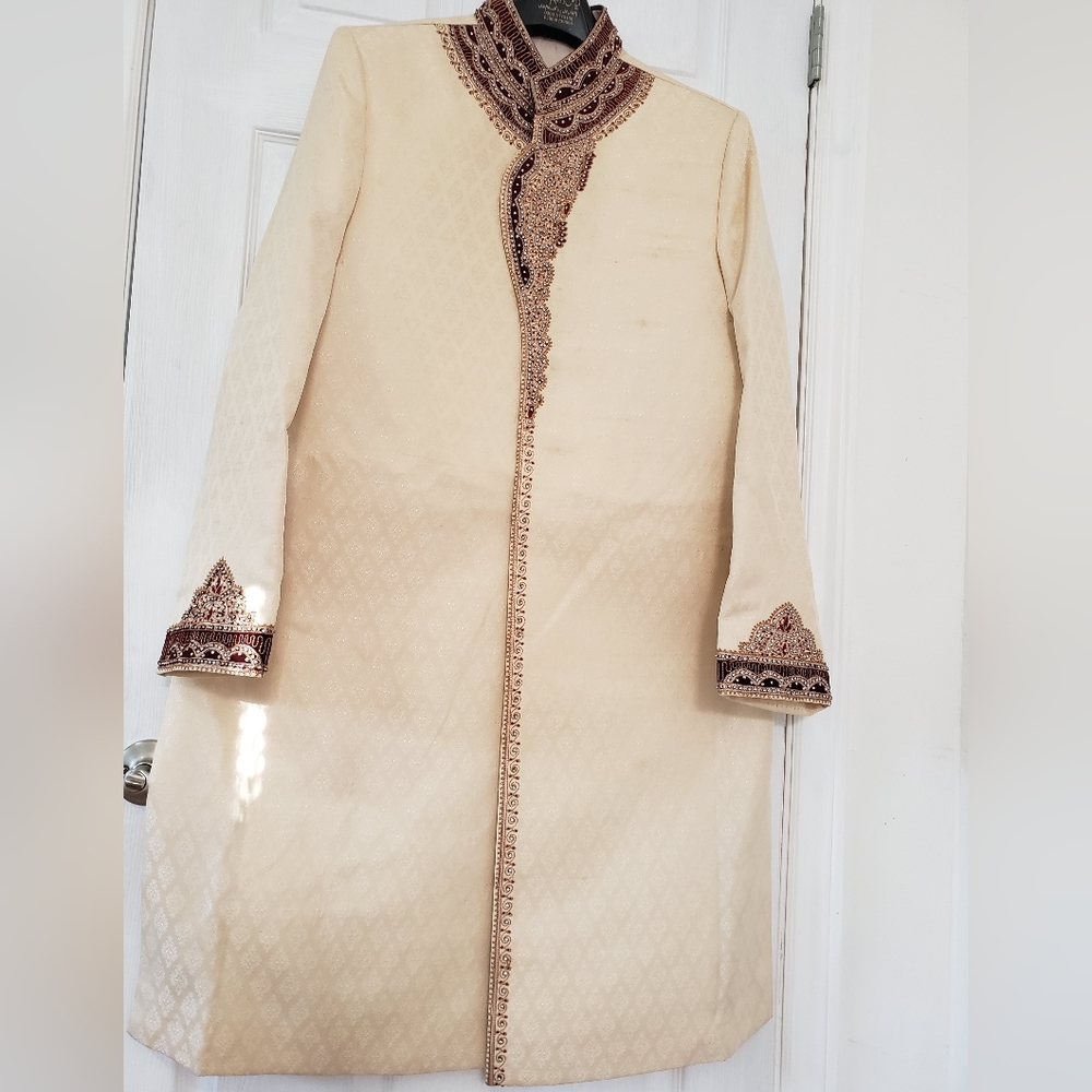 Pakistani light Golden and Mehroon Sherwani with free Qula. Khussa is $20.